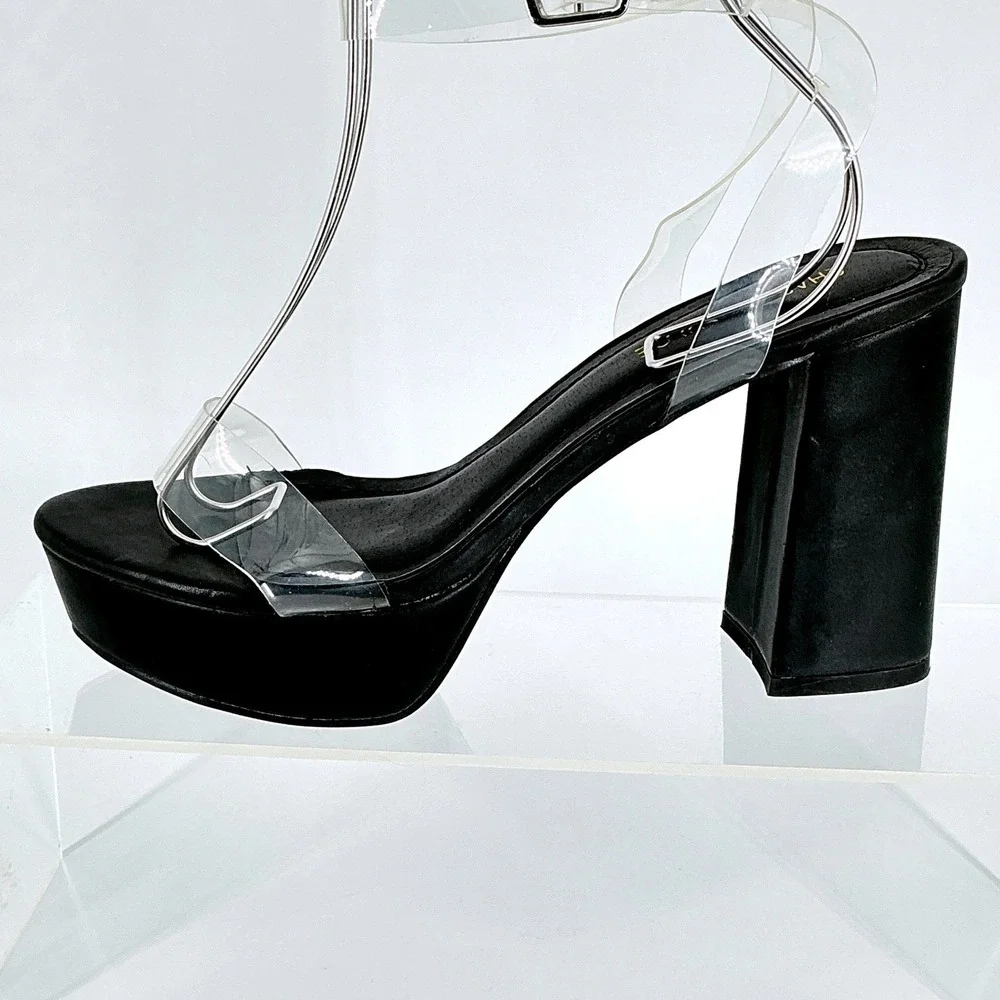 CHASE AND CHLOE Size 8.5 Black Clear Strap Platform Chunky‎ Heel Hela Sandals